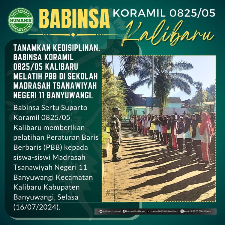 Tanamkan Kedisiplinan, Babinsa Koramil 0825/05 Kalibaru Melatih PBB di Sekolah Madrasah Tsanawiyah Negeri 11 Banyuwangi
