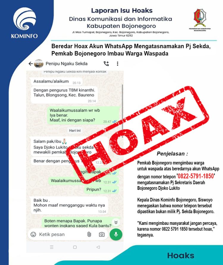 Beredar Hoax Akun WhatsApp Mengatasnamakan Pj Sekda, Pemkab Bojonegoro Imbau Warga Waspada