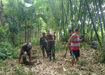 Koramil 0825/20 Songgon Bersama Warga Tanam Bibit Pohon Sukun di Bantaran Sungai Desa Songgon