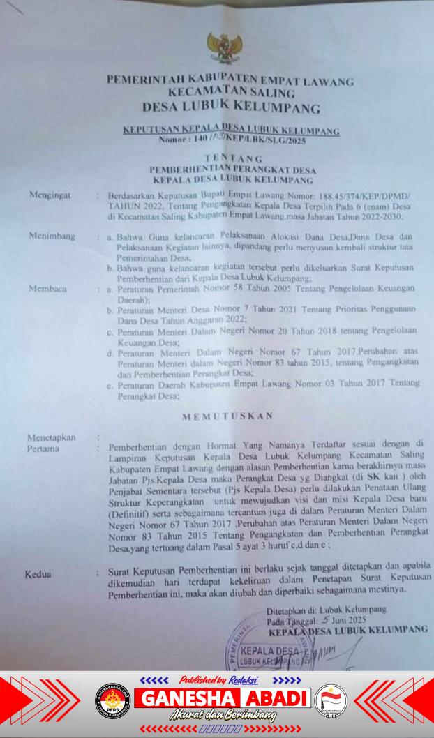 Kepala Desa Lubuk Kelumpang Terbitkan SK Pemberhentian Sekretaris Desa, Tuai Sorotan.
